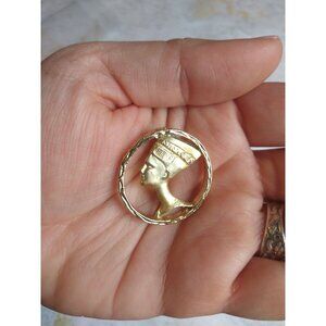 Vintage Egyptian Cleopatra Nefertiti Gold Brooch Pin Estate Jewelry